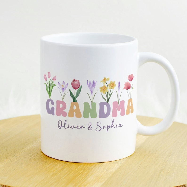 Grandma Mug Sublimation PNG, Floral Add Your Text Mug, Custom Grandkids Names PNG Mug, Wildflowers Mug, Coffee Mug Wrap Instant Download. image 3