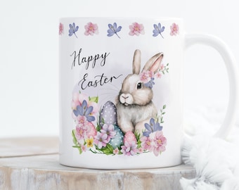 Sublimation Mug Design PNG - Happy Easter Cute Floral Bunny Watercolor, Easter Bunny Floral Mug Design - Sublimation Ready PNG