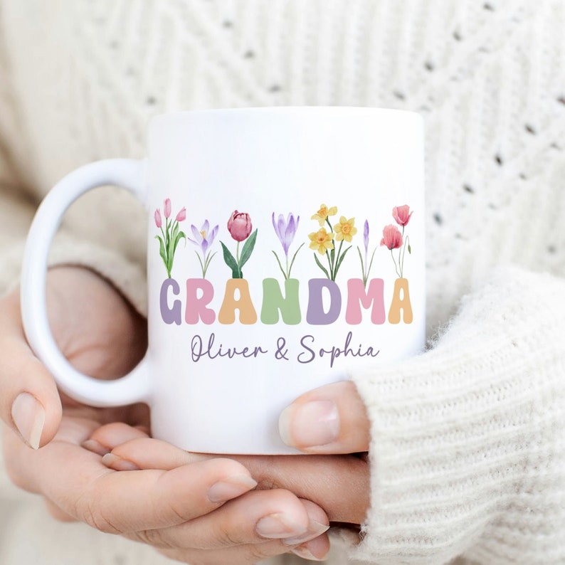 Grandma Mug Sublimation PNG, Floral Add Your Text Mug, Custom Grandkids Names PNG Mug, Wildflowers Mug, Coffee Mug Wrap Instant Download. image 1