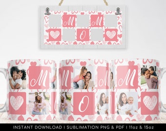 MOM Mug PNG Photo Grid Mug Design. Mother Sublimation Digital Paper. Mom pattern for Transfers 11oz | 15oz - High-Resolution Transparent PNG