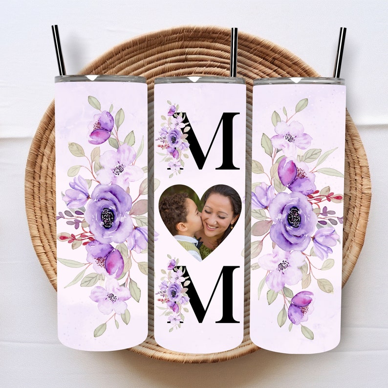 Mom Photo Tumbler PNG for Sublimation, Mom Floral Photo Tumbler PNG, Tumbler Wrap 20 oz, Mom Heart Photo Frame Tumbler PNG, Digital Download image 2