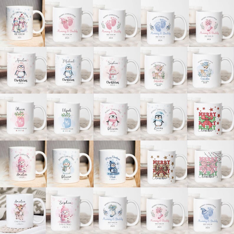 May include: A collection of white ceramic mugs, each decorated with festive Christmas designs. The mugs display images of snowmen, penguins, and reindeer, alongside seasonal text and personalized names. Perfect for gifting.