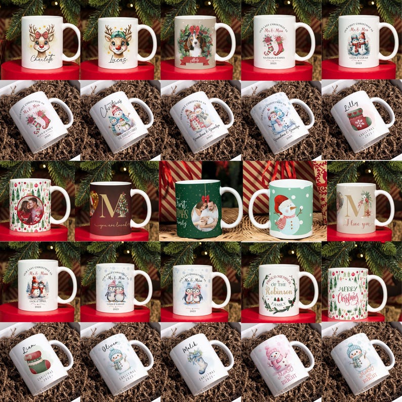 May include: An assortment of white ceramic mugs with Christmas designs. Some mugs feature reindeer, snowmen, and festive text. Others display family photos or personalized names. The mugs are arranged on a bed of brown decorative material.
