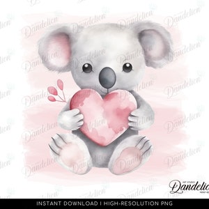 PNG Datei - Sublimationsdesign: Niedlicher Aquarell Koala mit Herz - Koala-Shirt, Koala-Wandbild, Herz & Liebe niedlicher Koala - Sofortiger Zugriff