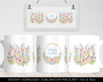 Sublimation Mug Design PNG Water Color Happy Easter Eggs Floral Design, Vintage Easter Eggs Mug Design - Sublimation Ready PNG