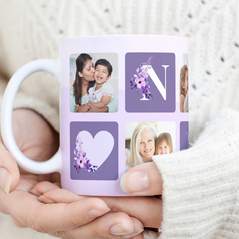 Nan Photo Grid Floral Mug PNG, Grandmother Sublimation Digital Paper, Grandma Custom Photo Mug Gift, Nanny Heart Mug Transfer Wrap PNG. image 3