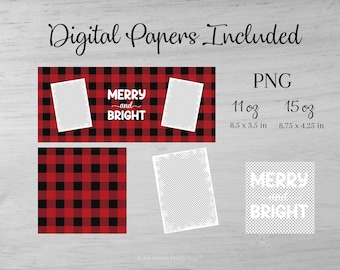 Christmas Checkered Photo Mug Design for Sublimation and Transfer. Merry and Bright PNG for Sublimation - Instant Download