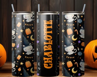 Halloween Tumbler Naam toevoegen, Aangepaste Pompoen PNG Tumbler, Halloween Tumbler Patroon, 20 oz Skinny Tumbler Wrap Design PNG. Directe download.