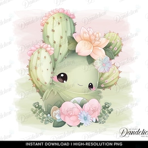 Puede incluir: Un lindo cactus de dibujos animados con un cuerpo verde y flores rosas. El cactus lleva una corona de flores rosas y tiene ojos grandes y marrones. El cactus está rodeado de hojas verdes y flores rosas.