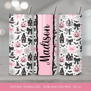 Halloween-tumbleromslag, preppy höstpumpa PNG-tumbler, kokett rosett sublimering, anpassat namn 20oz smal tumblerdesign, digital nedladdning.