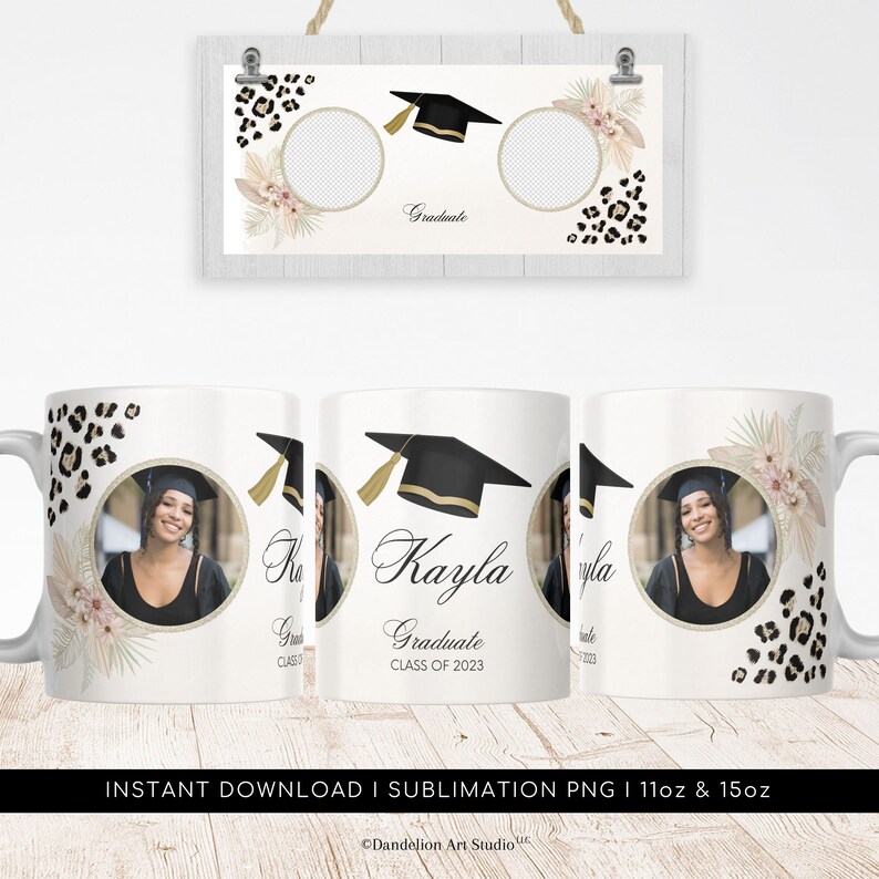 Graduation Photo Mug Design PNG for Sublimation, Graduate Personalized Photo Mug PNG, Graduate Floral Mug, Wrap Transfers Instant Download. image 2