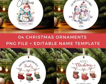 May include: Four round white Christmas ornaments featuring watercolor illustrations of snowmen and stockings. Designs include text such as Merry Christmas, Our First Christmas As A Family, and The Roberts Family, with customizable name templates.