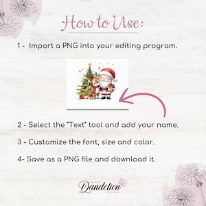 May include: A digital art print with instructions on how to use it. The image features a watercolor illustration of Santa Claus, a reindeer, and a Christmas tree. Text reads "How to Use:" followed by numbered steps.