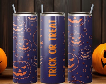 Halloween Tumbler PNG, Trick or Treat PNG Tumbler, Halloween Tumbler Pumpkin Pattern, 20 oz Skinny Tumbler Wrap Design PNG. Instant Download