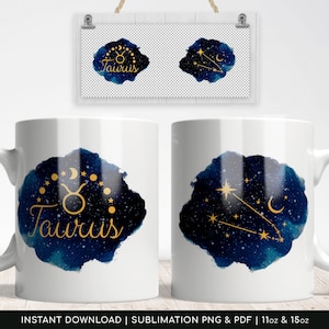 Sublimation Mug, Zodiac Mug, Taurus Constellation Mugs, Sublimation PNG, Centralized PDF - 11oz | 15oz - High-Resolution Transparent PNG