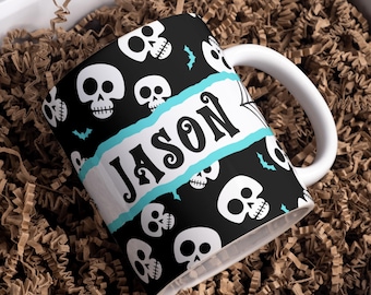 Halloween Skull Pattern Mug Wrap, Kids Custom Name Sublimation Template (PNG Digital Download)