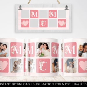 MUM Photo Grid heart pattern Mug Design. Love MUM, UK Mother's Day, Sublimation Digital Paper. Transfers 11oz | 15oz - High-Resolution