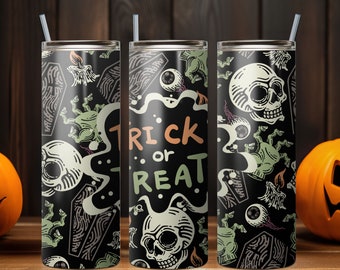 Halloween Tumbler PNG, Trick or Treat PNG Tumbler, Halloween Tumbler Skull Pattern, 20 oz Skinny Tumbler Wrap Design PNG. Instant Download.