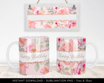 Sublimation Mug Floral Pink Pattern, PNG for Sublimation Template file. Floral Pattern - Wrap Transfers Design - 300dpi - Instant Download