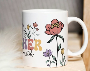 Teacher Mug Sublimation PNG File, Vintage Floral Mug PNG, Teacher Name Personalized Mug PNG, Teacher Gift Mug, Teacher Wildflowers Mug Png.