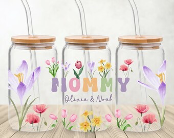 Mommy Glass Can Sublimation PNG, Mom Floral Libbey Glass Wrap, Mom Libby Glass Wrap PNG, Mommy Frosted Glass, Custom Name Libbey Glass PNG.