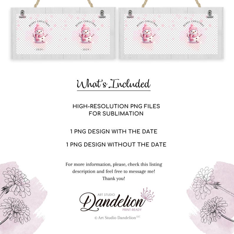 May include: Two digital designs featuring a pink snowman with a pink hat and scarf on a white wood background. The snowman is holding a sign that says "Merry Christmas 2024".