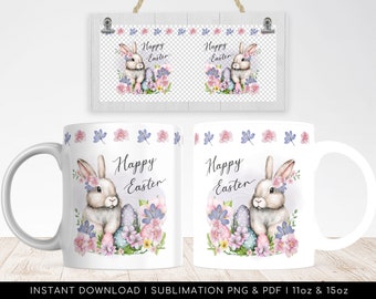 Sublimation Mug Design PNG - Happy Easter Cute Floral Bunny Watercolor, Easter Bunny Floral Mug Design - Sublimation Ready PNG