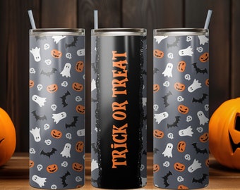 Halloween Tumbler PNG, Trick or Treat PNG Tumbler, Halloween Tumbler Ghost Pattern, 20 oz Skinny Tumbler Wrap Design PNG. Instant Download