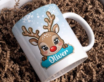 Digital Design Mug PNG, Xmas Kids Custom Name PNG Mug, Christmas Sublimation Mug, Transfer Wrap Mug Template, Pink Christmas Reindeer PNG.