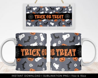 Halloween Sublimation Mug, Trick or Treat PNG Mug File for Sublimation, Mug Halloween Pattern, Mug PNG file, Mug Wrap Transfers 11oz & 15oz.