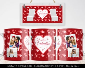 LOVE Photo Mug - Be My Valentine Red Heart Pattern, Sublimation Mug Design - Valentine's Wrap 11oz, 15oz - High-Resolution Transparent PNGs