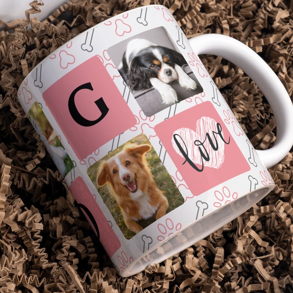 DOG LOVE Photo Mug Sublimation png - Paw & Bones Pattern for Transfers 11oz, 15oz - Love Dog Photo Mug Template, Sublimation Digital Paper