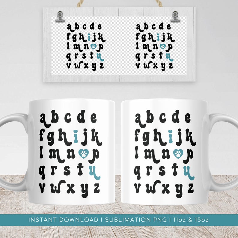 May include: White sublimation mug with a black alphabet design and a blue paw print. The letters are in a playful, rounded font. The mug is for 11oz and 15oz.