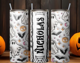 Halloween Tumbler Add Name, Custom Ghost PNG Tumbler, Halloween Tumbler Pattern, 20 oz Skinny Tumbler Wrap Design PNG File. Instant Download