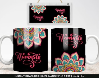 Mandala Namaste Sublimation Mug Design. This is a digital paper for Sublimation, 11oz and 15oz Mugs, Wrap Transfer design, Print-Ready