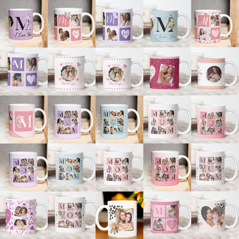 May include: Collection of white ceramic mugs with personalized photo collages and designs. Some mugs feature the letter "M", hearts, and the words "I Love You" or "Mom". The mugs have various color schemes, including pink, purple, and blue.