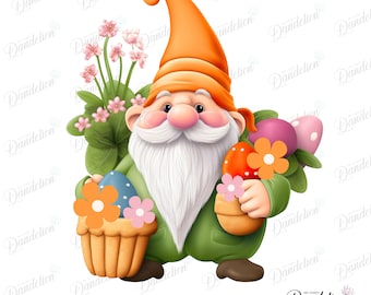 PNG for Sublimation, Floral Garden Gnome, Easter Gnome, Cute Gnome for Transfer - High-Resolution Transparent png