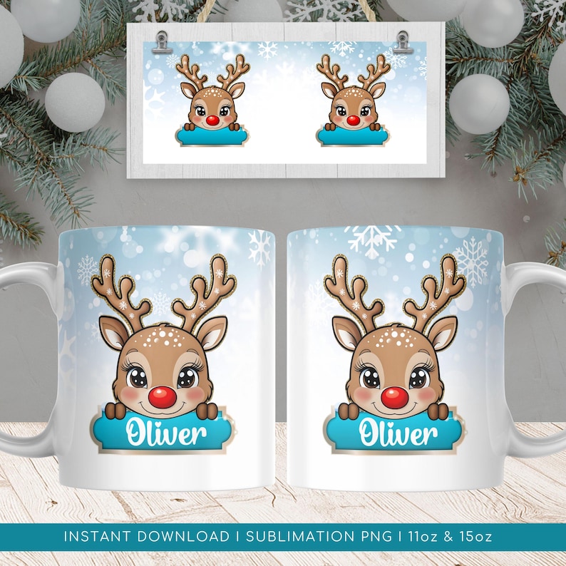 May include: White ceramic mug with a blue and white winter scene background. A cartoon reindeer with a red nose is peeking over a blue banner with the name "Oliver" in gold lettering. The mug is 11 oz or 15 oz.