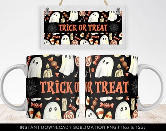 Halloween Sublimation Mug, Trick or Treat PNG Mug File for Sublimation, Mug Halloween Pattern, Mug PNG file, Mug Wrap Transfers 11oz & 15oz.