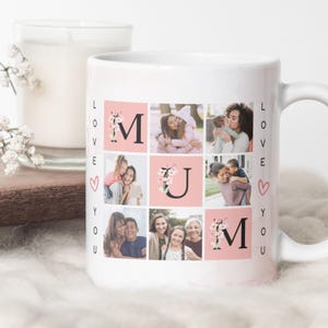 May include: White ceramic mug with a grid of family photos. The word "MUM" is spelled out with floral accents and photos. The words "LOVE YOU" are printed vertically along the side, with hearts. A thoughtful gift.