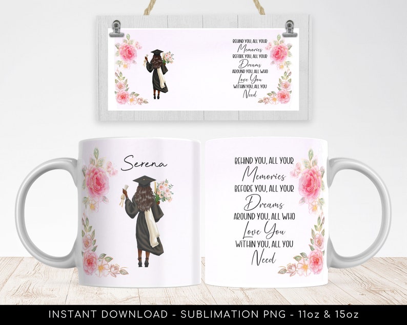 Black Girl Graduation Mug Template Add Your Name, Inspirational Words PNG Sublimation, Mug Wrap Transfers 11oz & 15oz, Custom Graduate Gift. image 1