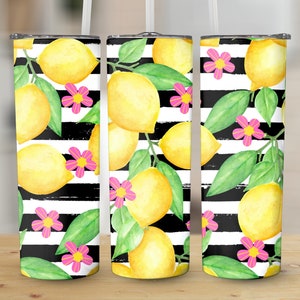 Lemons Stripe Flowers Pattern 20 oz Skinny Tumbler Sublimation Design, Straight & Tapered Wrap, Tumbler Wrap Png, Instant Download image 1