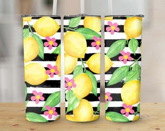 Lemons Stripe Flowers Pattern 20 oz Skinny Tumbler Sublimation Design, Straight & Tapered Wrap, Tumbler Wrap Png, Instant Download