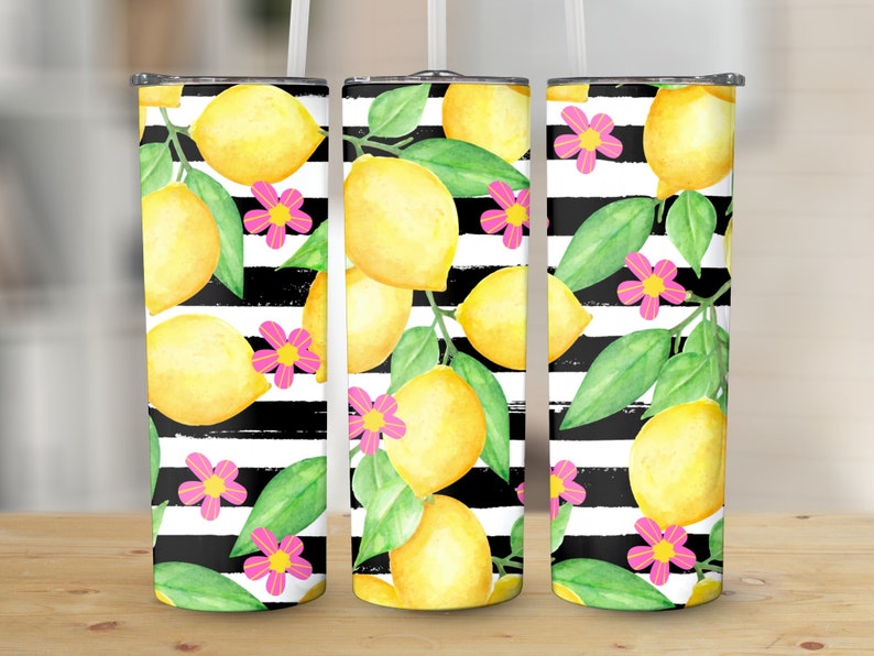 Lemons Stripe Flowers Pattern 20 oz Skinny Tumbler Sublimation Design, Straight & Tapered Wrap, Tumbler Wrap Png, Instant Download image 1