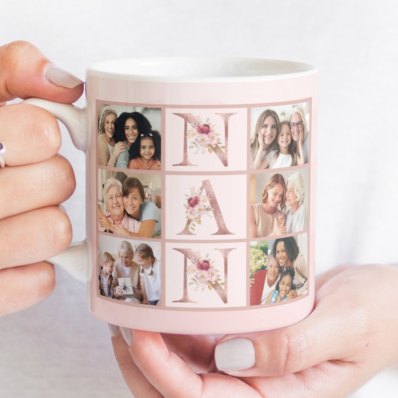 Grandma Photo Grid Floral Mug PNG, Grandmother Sublimation Digital Paper, Nanny Custom Photo Mug Gift, Nan Floral Mug Transfer Wrap PNG. image 3