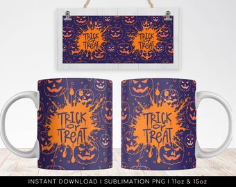 Halloween Sublimation Mug, Trick or Treat PNG Mug File for Sublimation, Mug Halloween Pattern, Mug PNG file, Mug Wrap Transfers 11oz & 15oz.