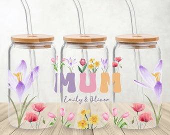 Mum Glass Can Sublimation PNG, Mum Floral Libbey Glass Wrap, Mom Libby Glass Wrap PNG, Mama Frosted Glass, Custom Name Libbey Glass PNG.