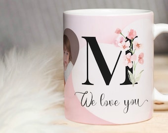 We Love You MOM Mug PNG - Floral Mug Heart Photo Template for Sublimation. Mother's day custom gift. Wrap Transfers Design - High-Resolution