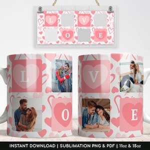 Pode incluir: Caneca de cerâmica branca com um design rosa e branco com corações, rabiscos e fotos. A caneca tem as letras L, O, V e E em corações rosas. A caneca é um design de sublimação e está disponível em 11oz e 15oz.