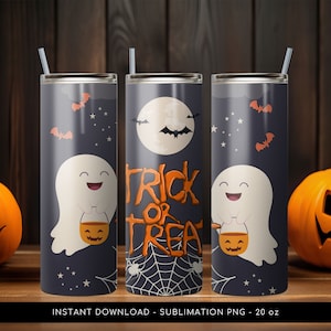 Può includere: Tre bicchieri in acciaio inossidabile da 20 oz con un tema di Halloween. I bicchieri presentano un fantasma bianco che tiene un secchiello di zucca, una luna piena, pipistrelli e il testo "Trick or Treat".